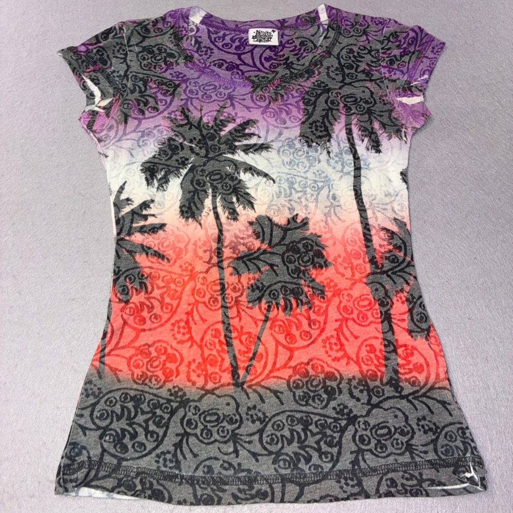 Gypsy Doll Graphic Tee Womens Small Purple Orange Palm Tree Paisley Burnout